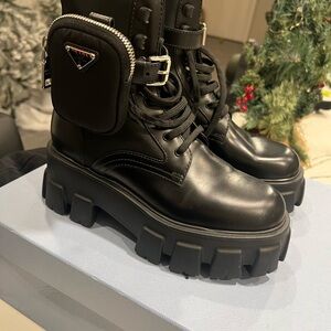 Prada Black Leather Combat Boots with Pouch